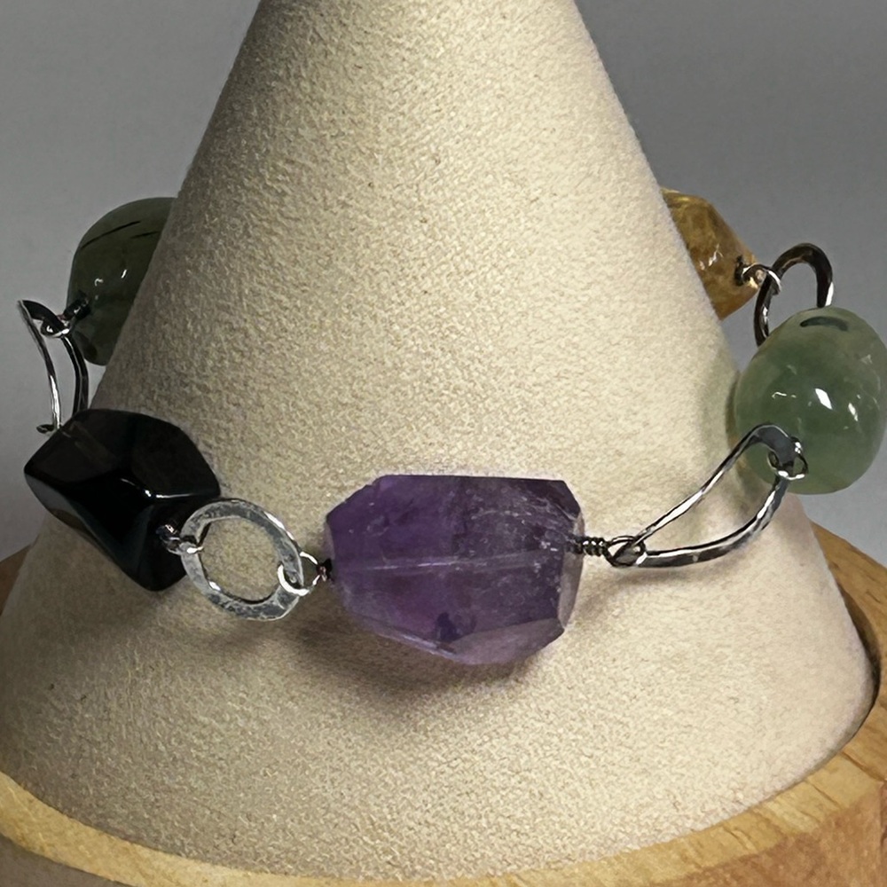 Chunky Gemstone Sterling Silver 925 Signed J&T Citrine Amethyst Aventurine Agate